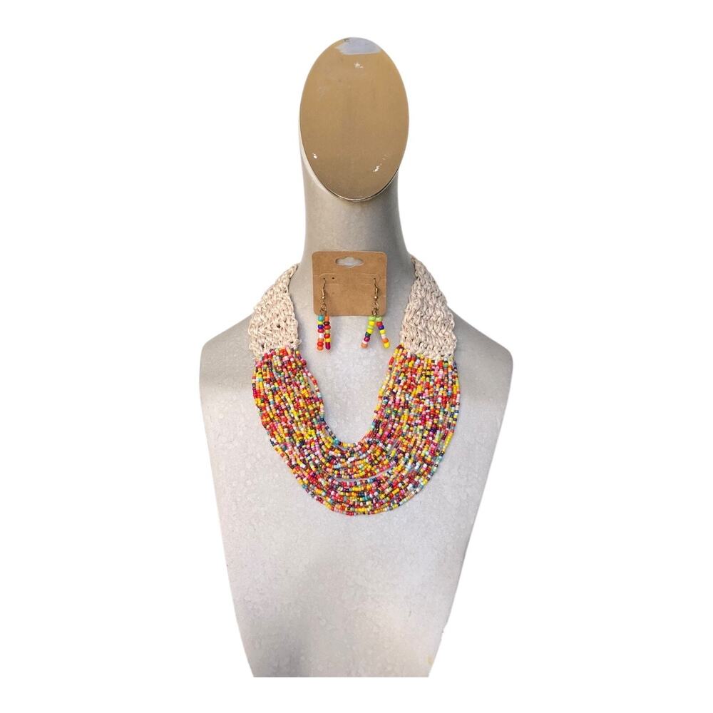 Boho Multistrand Seed Bead Statement Necklace Earrings Set Crochet Collar Color